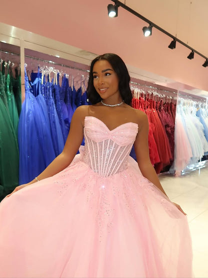 A-Line Sweetheart Sleeveless Sequined Tulle A-Line Prom Dress