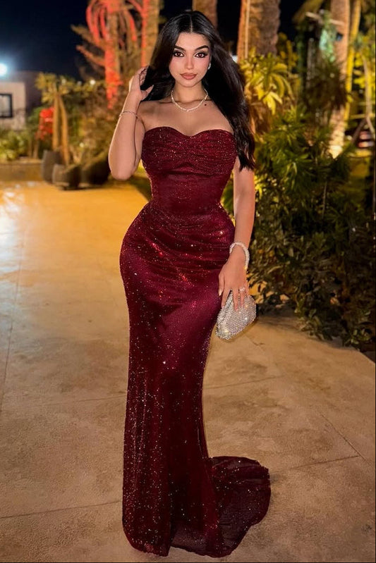Sparkling Burgundy Sweetheart Strapless Sequins Mermaid Prom Dress