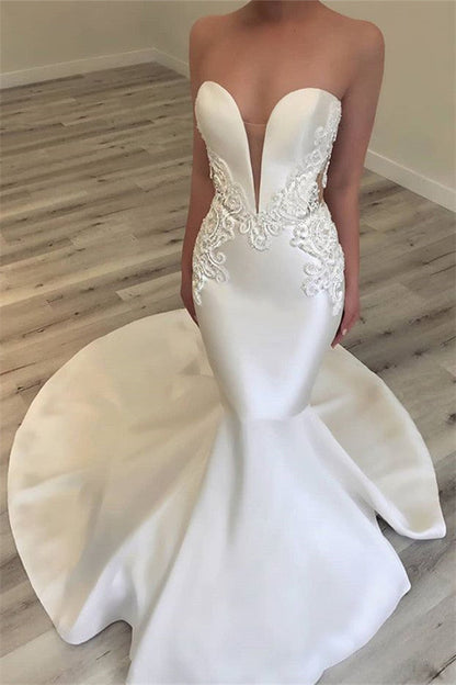 Strapless Appliques Wedding Dresses Classic Mermaid Open Back Dresses