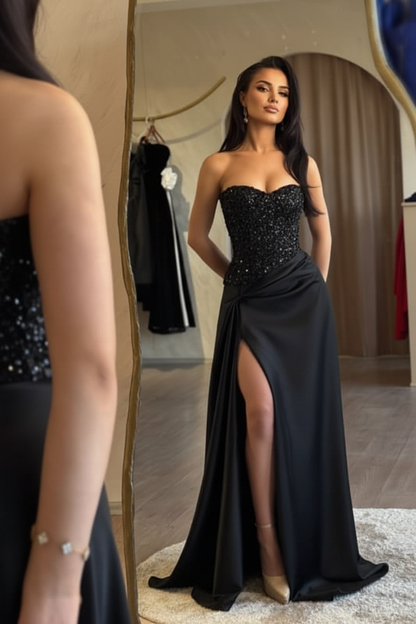 Strapless Royal Blue Sequins Sheath Long Prom Dress