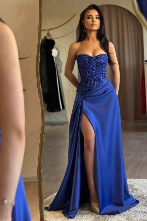 Strapless Royal Blue Sequins Sheath Long Prom Dress