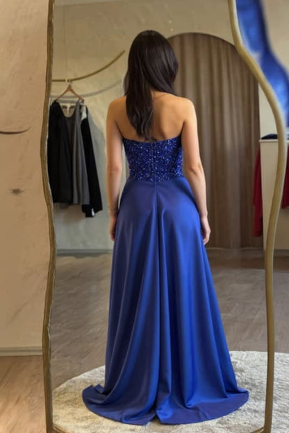 Strapless Royal Blue Sequins Sheath Long Prom Dress
