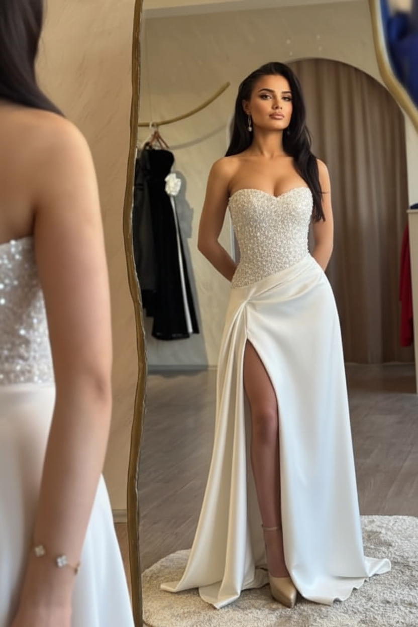 Strapless Royal Blue Sequins Sheath Long Prom Dress