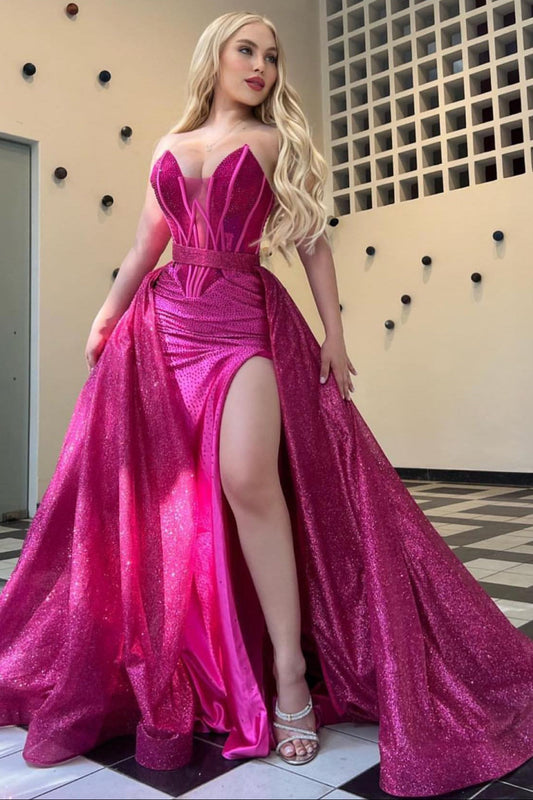 Stunning Hot Pink Sweetheart Split Sequins Prom Dress
