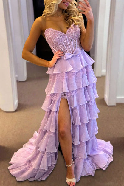 Strapless A Line Chiffon Tiered Lavender Prom Dresses With Bow