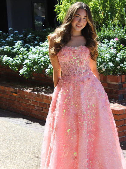Flowers Sequins Sparkle A-Line Sleeveless Prom Dress