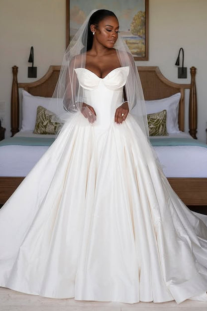 Elegant Long Ball Gown Ivory V-neck Sleeveless Satin Wedding Dress