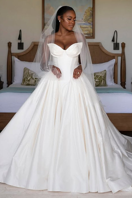 Elegant Long Ball Gown Ivory V-neck Sleeveless Satin Wedding Dress