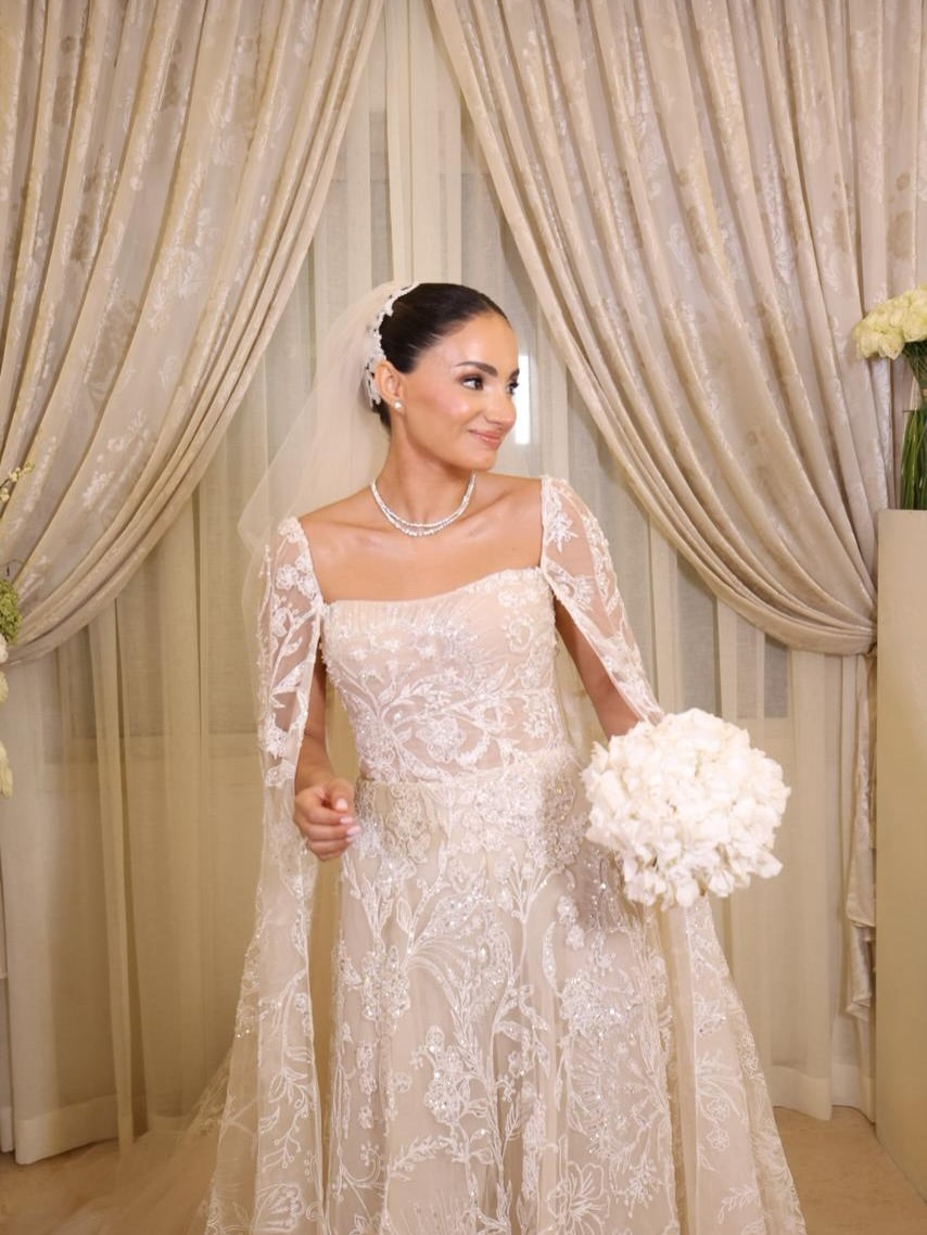 Square Neck Cape Sleeveless Floor-Length A-Line Wedding Dress