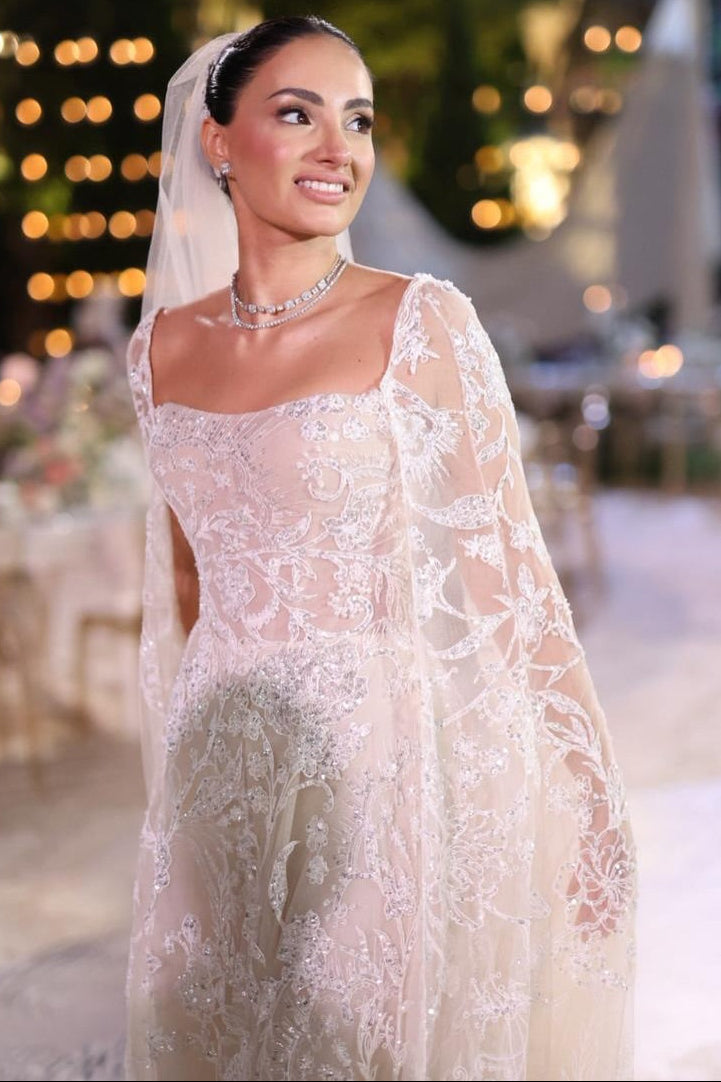 Square Neck Cape Sleeveless Floor-Length A-Line Wedding Dress