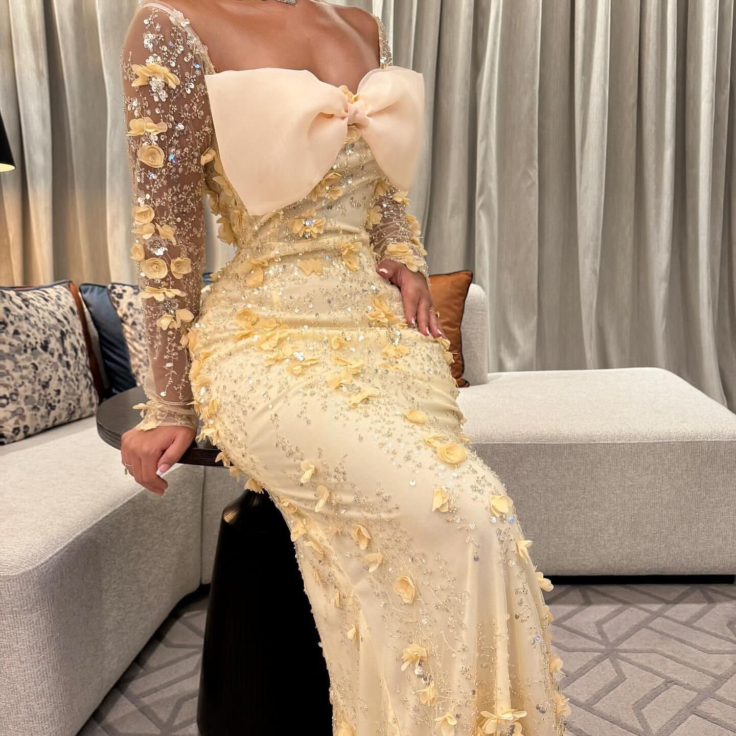 Yellow Square Lace Long Sleeve Flowers Bow Mermaid Prom Dress