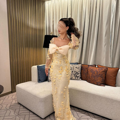 Yellow Square Lace Long Sleeve Flowers Bow Mermaid Prom Dress