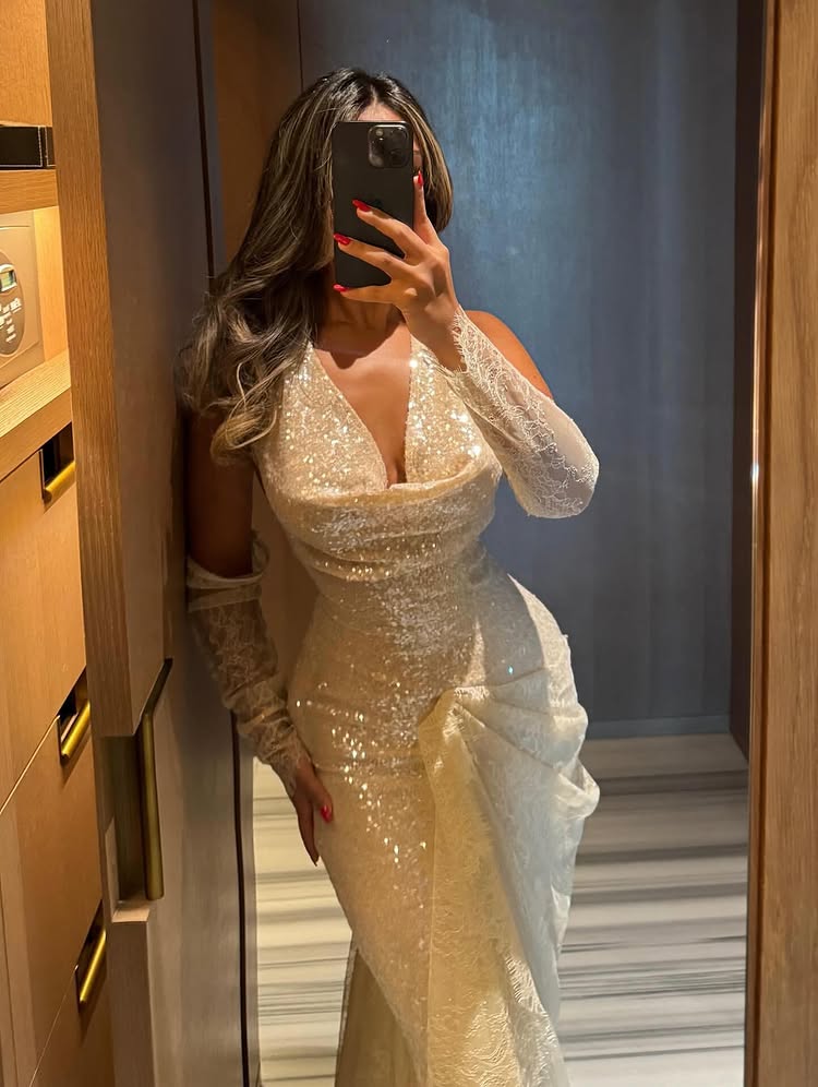 Detachable Long Sleeve Halter Sequins Sparkle Mermaid Evening Dress