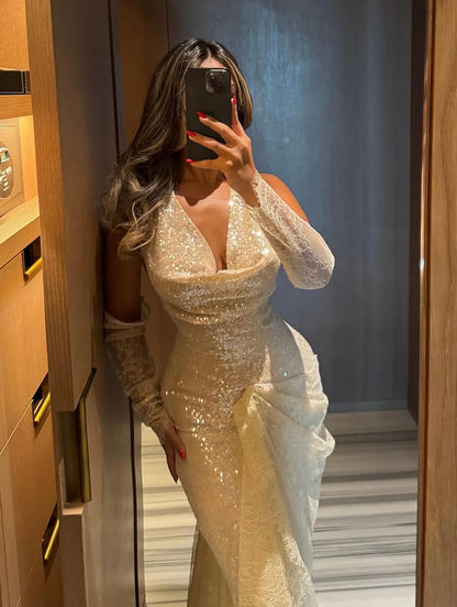 Detachable Long Sleeve Halter Sequins Sparkle Mermaid Evening Dress