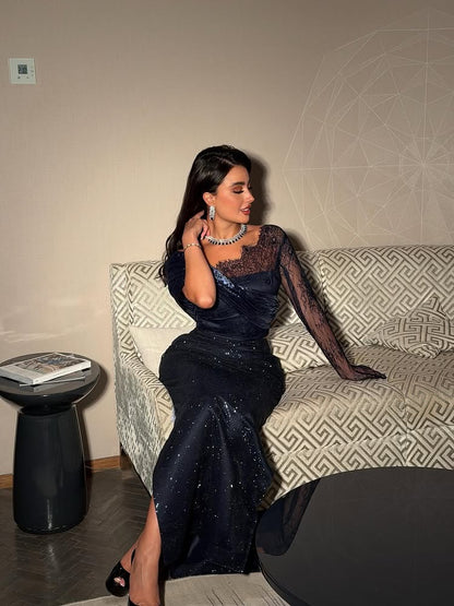 One Shoulder Lace Long Shoulder Sparkle Mermaid Ankle-Length Evening Dress