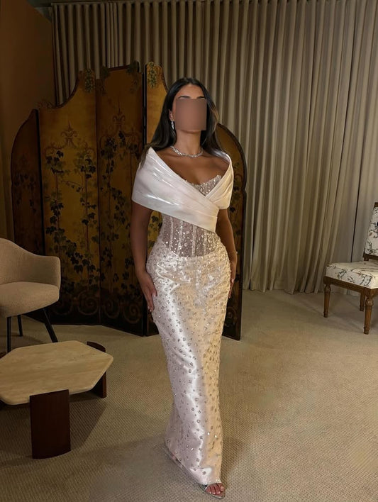 Luxury Off the Shoulder Mermaid Sheer Beaded Evening Dress Floor-Length