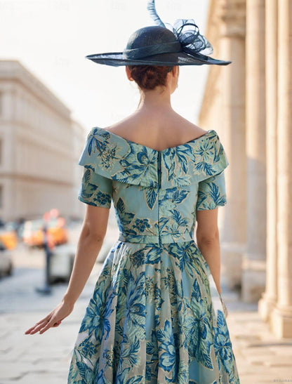 Blue Floral Print Half Sleeve A-Line Tea-Length Evening Dress