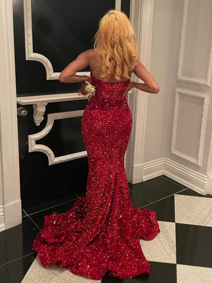 Ulissa| Red Mermaid Sweetheart Neck Sequins Long Prom Dresses