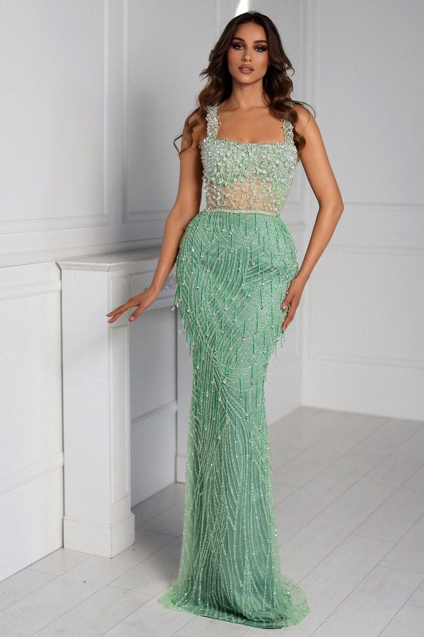 Unique Spaghetti Straps Beads A-Line Prom Dress