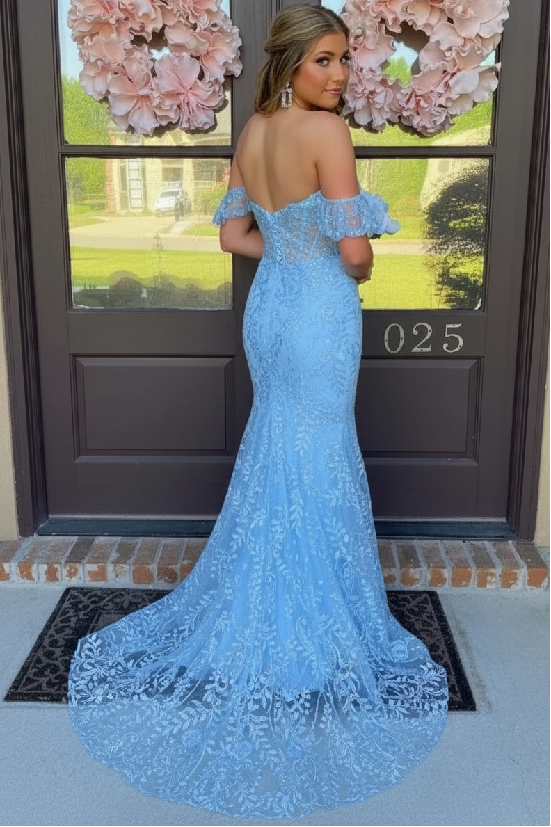 Sweetheart Off-Shoulder Applique Tulle Pleated Sweep Train Trumpet Mermaid Prom Dress