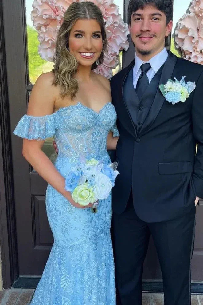 Sweetheart Off-Shoulder Applique Tulle Pleated Sweep Train Trumpet Mermaid Prom Dress