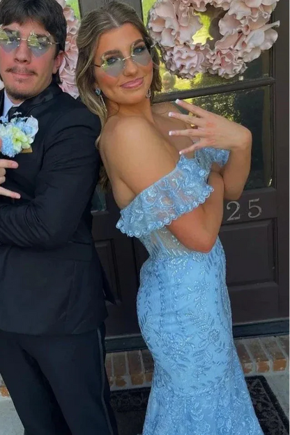 Sweetheart Off-Shoulder Applique Tulle Pleated Sweep Train Trumpet Mermaid Prom Dress