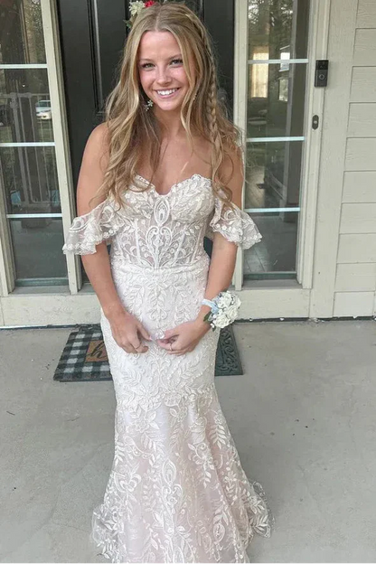 Sweetheart Off-Shoulder Applique Tulle Pleated Sweep Train Trumpet Mermaid Prom Dress