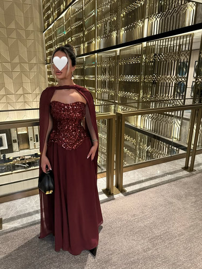 Sequins Sparkle Red Strapless Sleeveless A-Line Shawl Evening Dress Floor-Length