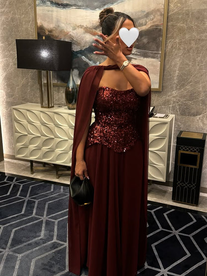 Sequins Sparkle Red Strapless Sleeveless A-Line Shawl Evening Dress Floor-Length