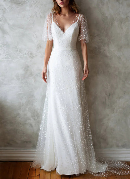 V-Neck Short Sleeves Lace Wedding Dress