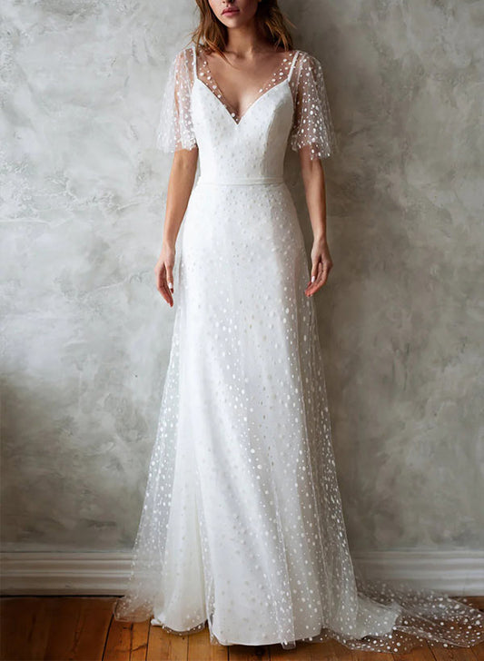 V-Neck Short Sleeves Lace Wedding Dress