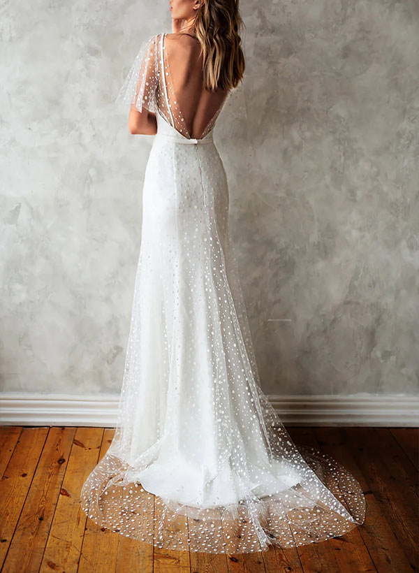 V-Neck Short Sleeves Lace Wedding Dress