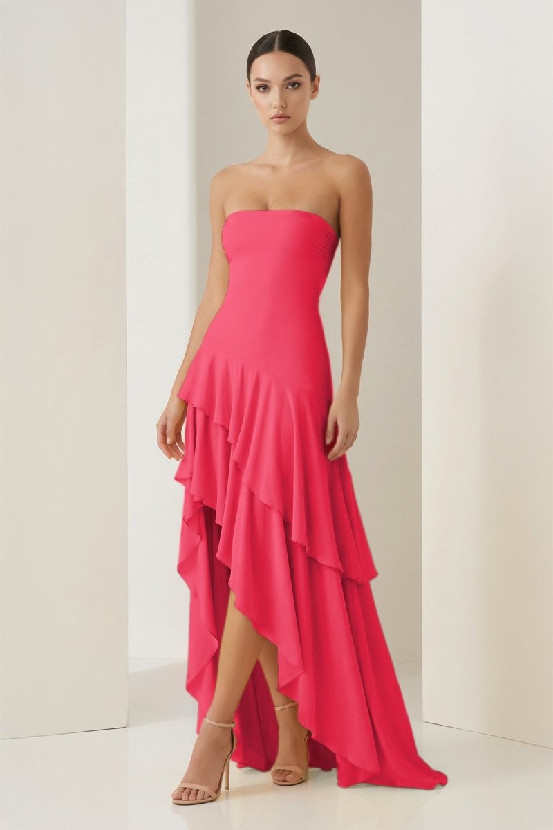 Sheath Strapless Spandex High Low Long Prom Dresses with Ruffles