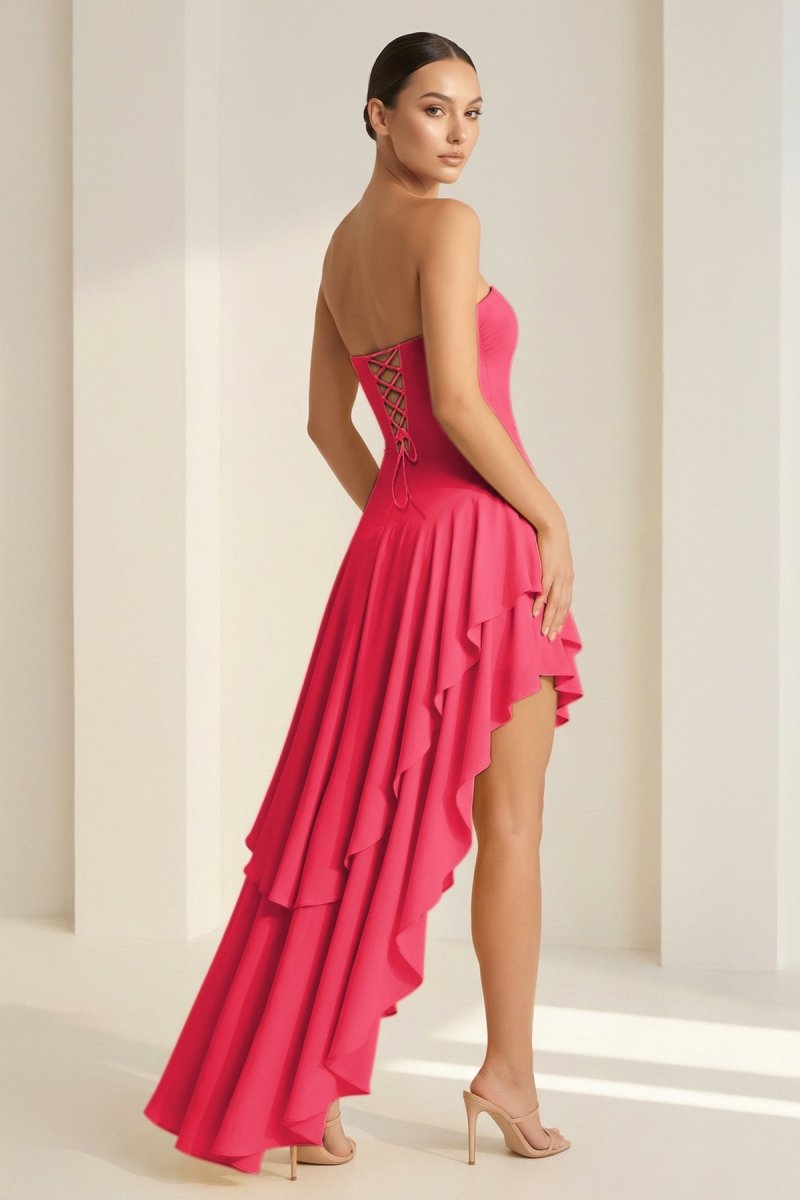 Sheath Strapless Spandex High Low Long Prom Dresses with Ruffles