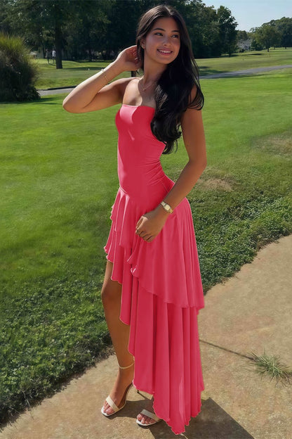 Sheath Strapless Spandex High Low Long Prom Dresses with Ruffles