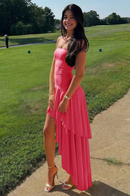 Sheath Strapless Spandex High Low Long Prom Dresses with Ruffles