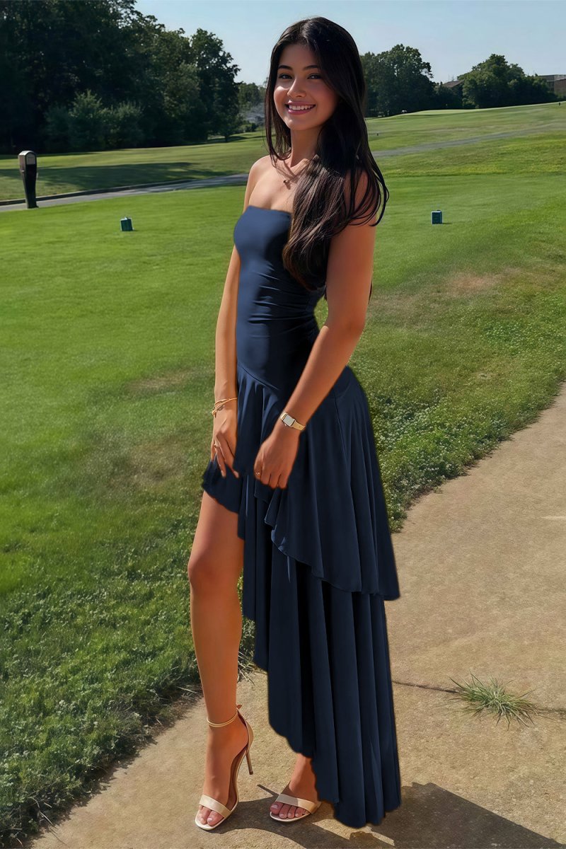 Sheath Strapless Spandex High Low Long Prom Dresses with Ruffles
