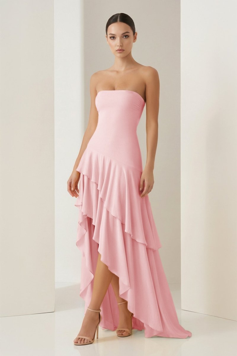 Sheath Strapless Spandex High Low Long Prom Dresses with Ruffles