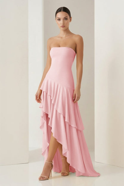 Sheath Strapless Spandex High Low Long Prom Dresses with Ruffles