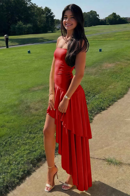 Sheath Strapless Spandex High Low Long Prom Dresses with Ruffles
