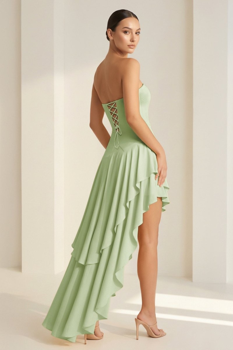 Sheath Strapless Spandex High Low Long Prom Dresses with Ruffles