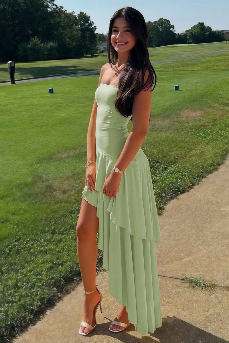 Sheath Strapless Spandex High Low Long Prom Dresses with Ruffles