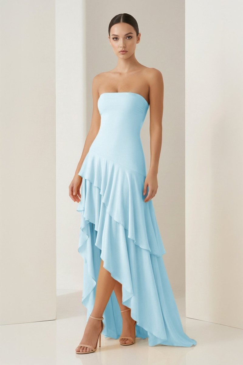 Sheath Strapless Spandex High Low Long Prom Dresses with Ruffles