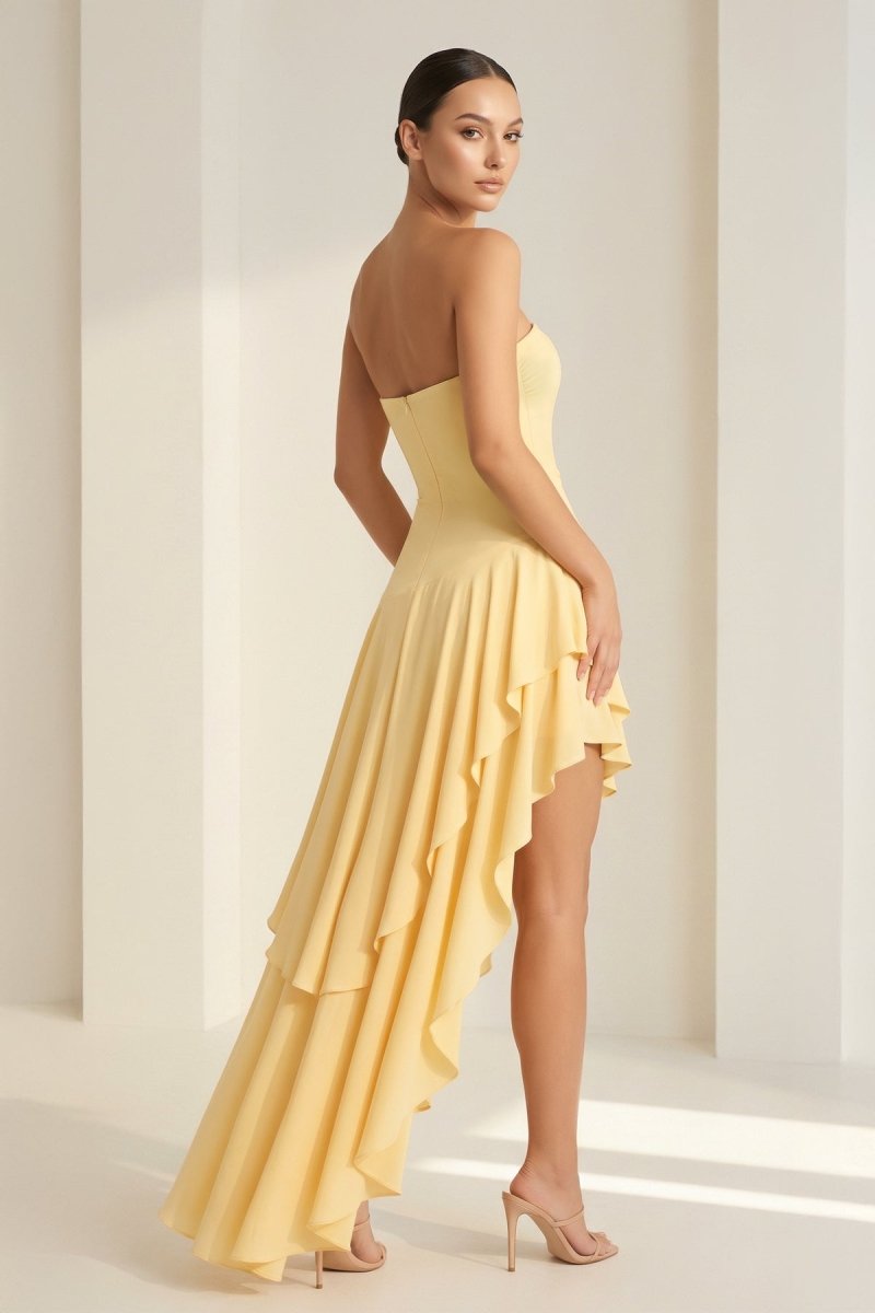 Sheath Strapless Spandex High Low Long Prom Dresses with Ruffles