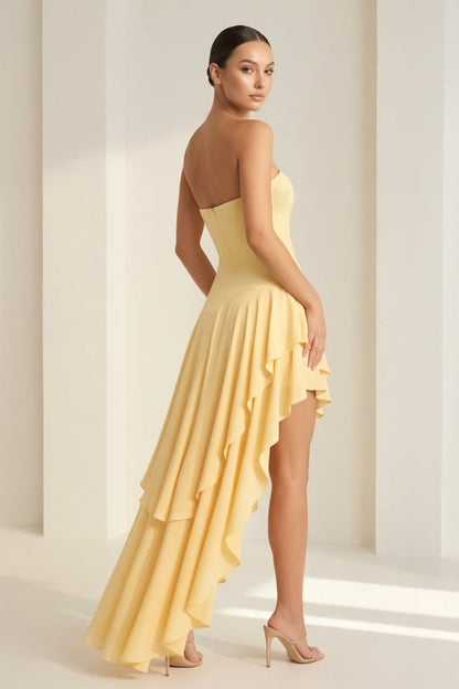 Sheath Strapless Spandex High Low Long Prom Dresses with Ruffles