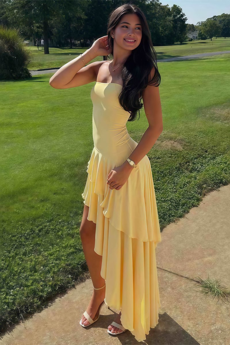Sheath Strapless Spandex High Low Long Prom Dresses with Ruffles