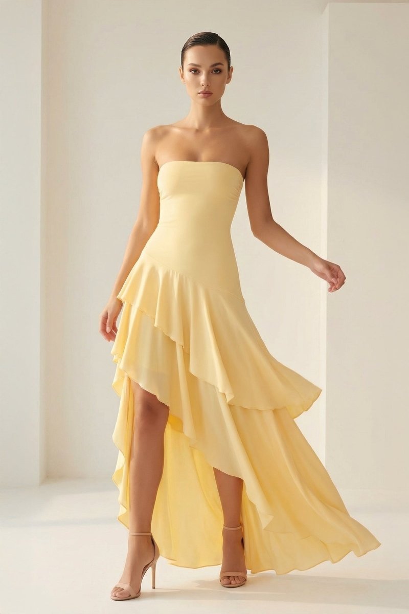 Sheath Strapless Spandex High Low Long Prom Dresses with Ruffles