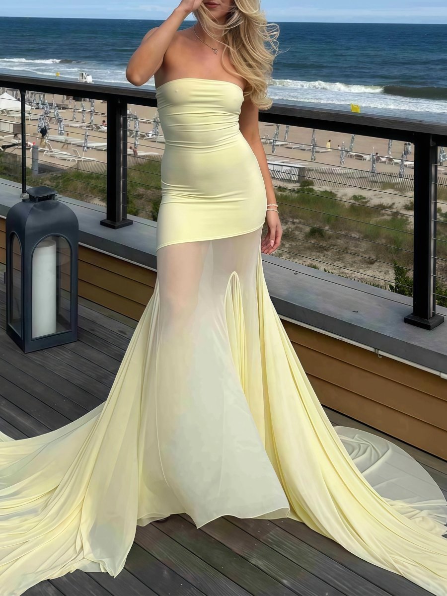 Valeska | Yellow Strapless Chiffon Mermaid Long Prom Dresses