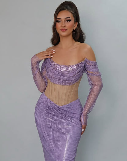 Off the Shoulde Purple Long Sleeve Mermaid Sheer Sequins Prom Dress