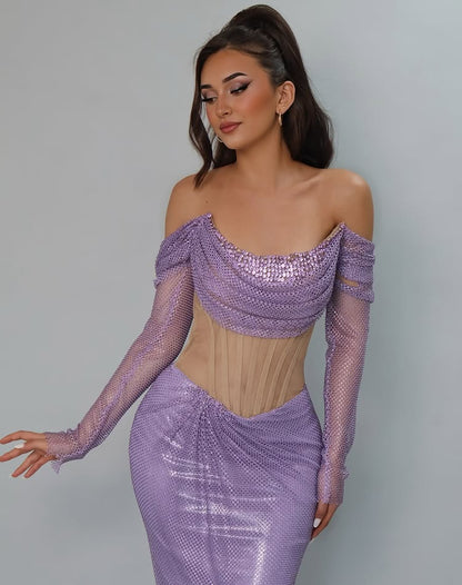 Off the Shoulde Purple Long Sleeve Mermaid Sheer Sequins Prom Dress